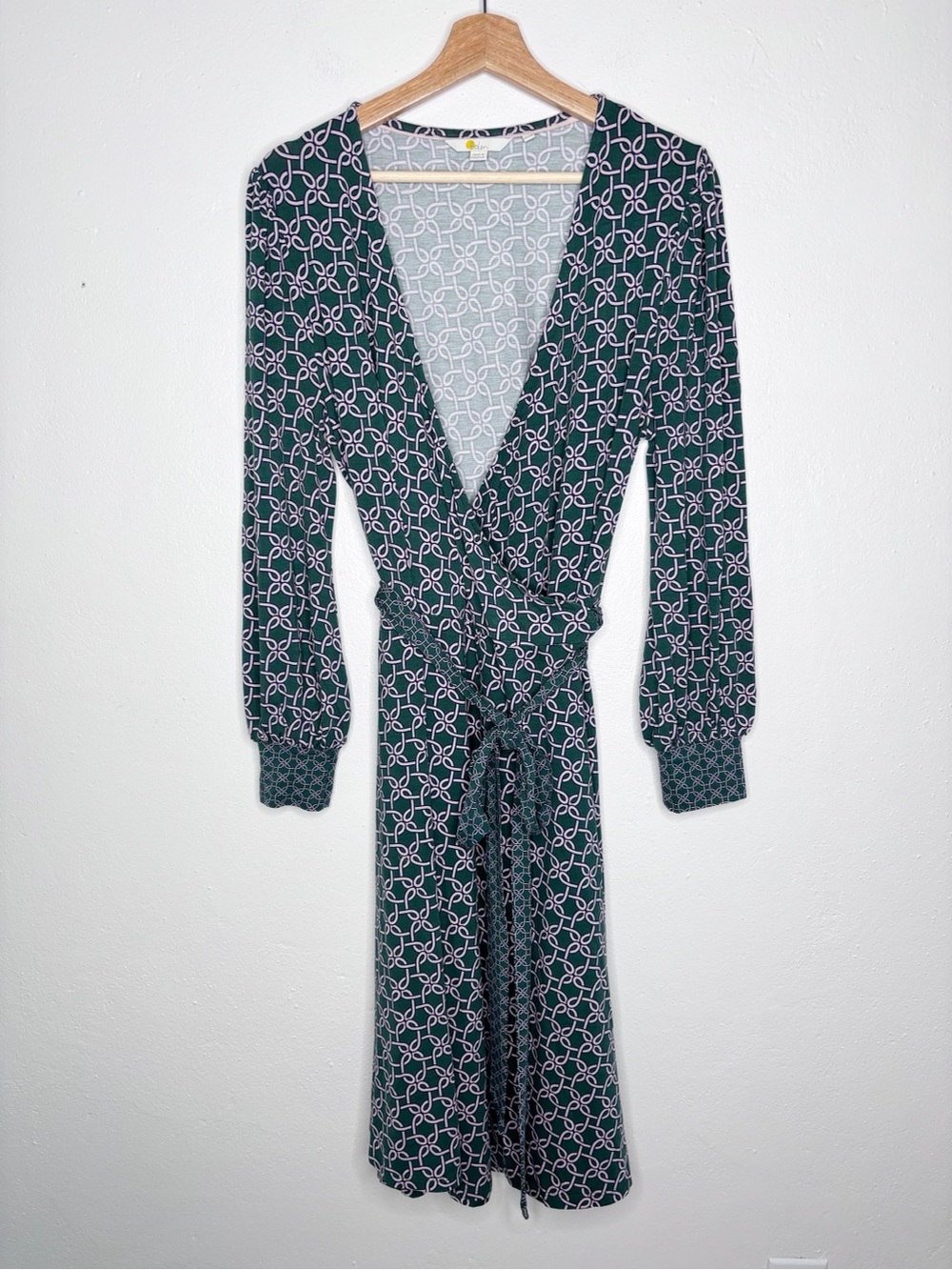 Boden Wrap Dress Geometric Pattern Green Pink Long Sleeve Size 14 Long